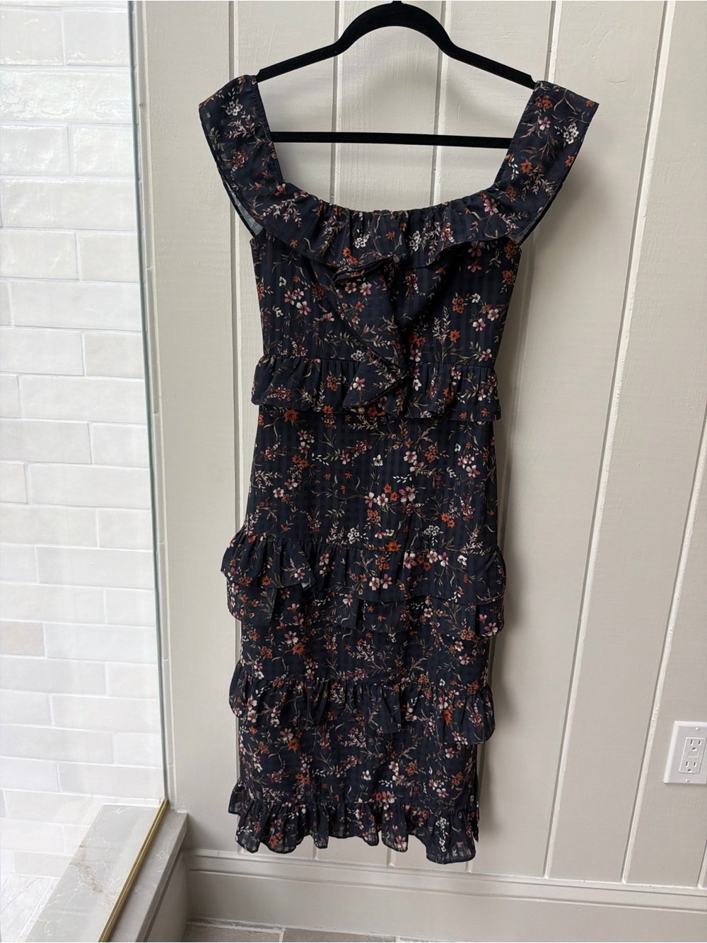 Tularosa Floral Midi Dress with Ruffles Off the Shoulder